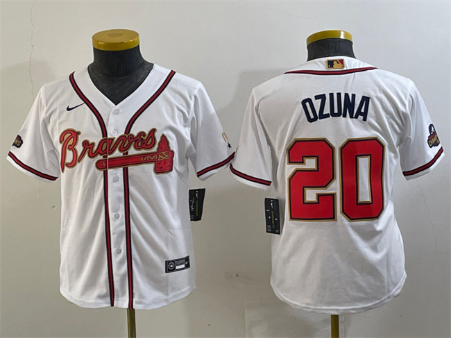 Youth Atlanta Braves #20 Marcell Ozuna White/Gold World Series Champions Program Stitched Jersey
